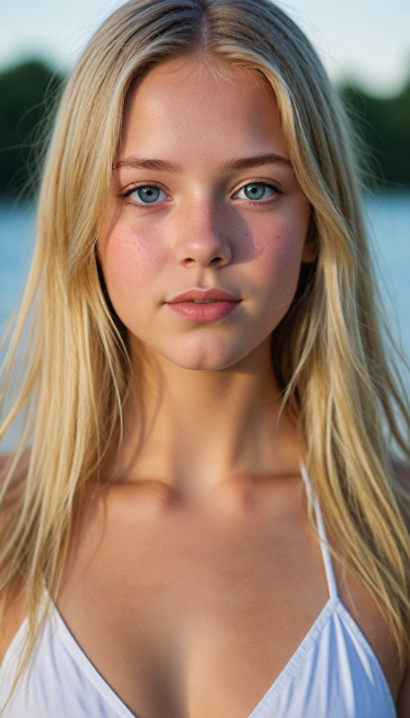 a upper-body portrait from a cute young girl with long, straight blonde hair, super detailed face, detailed eyes, full lips, white bikini