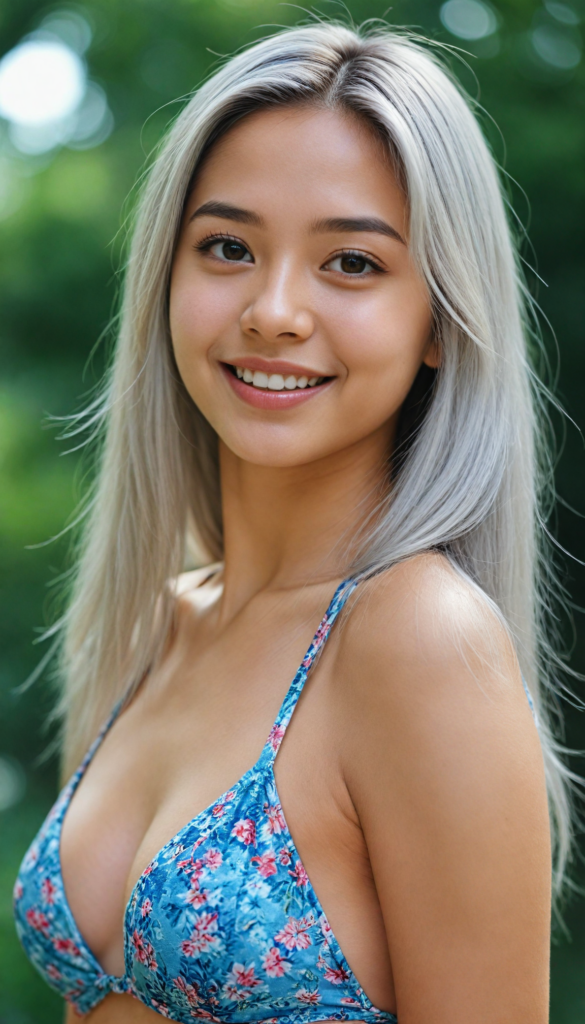 an Asia teen girl, (realistic detailed, shiny, straight platinum hair), realistic face, perfect curved body, lightly dressed in a bikini, beautiful saturation, ultra high resolution, deep shadow, (best quality, masterpiece), highly detailed, looking at viewer, warm smile, 4k, (portrait shot) (gorgeous) (attractive) (stunning)