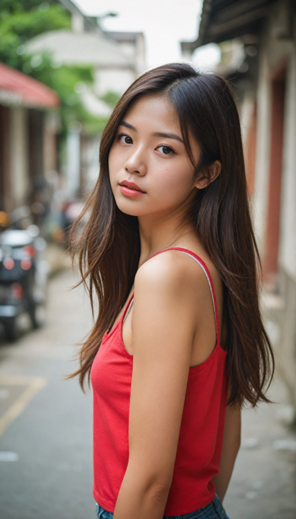 a (beautifully realistic cute Taiwanese teen girl), with long, flowing, voluminous, light brown soft hair, flawless (porcelain skin), a small flawless nose, and rosy red lips, dressed in a (plain very short tight revealing translucent tank top), posing confidently, Malaysian