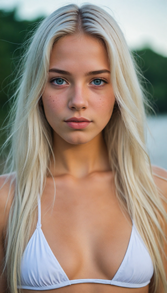 a upper-body portrait from a cute young girl with long, straight platinum hair, super detailed face, detailed eyes, full lips, white bikini