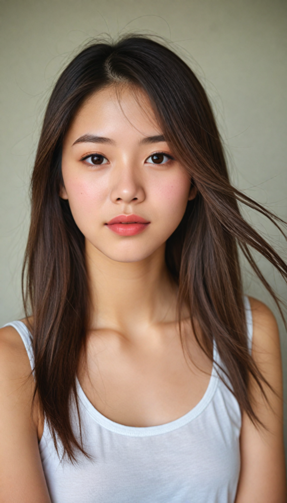 a (beautifully realistic cute Japanese teen girl), with long, flowing, voluminous, light brown soft hair, flawless (porcelain skin), a small flawless nose, and rosy red lips, dressed in a (plain very short tight revealing translucent tank top), posing confidently