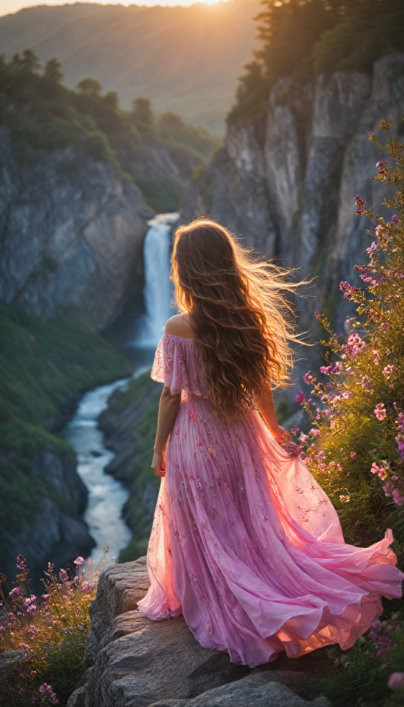 a breathtaking scene featuring a gorgeous girl with cascading, flowing hair that glistens in the sunlight. She stands on the edge of a cliff overlooking a vibrant sunset, with hues of orange, pink, and purple blending in the sky. The wind gently tousles her hair, creating an ethereal aura around her. Surrounding her are wildflowers in full bloom, adding pops of color to the landscape, and a distant waterfall cascading down rocks, reflecting the evening light. The art style combines elements of Romanticism with a touch of Impressionism, capturing both the beauty of nature and the serene elegance of the girl.