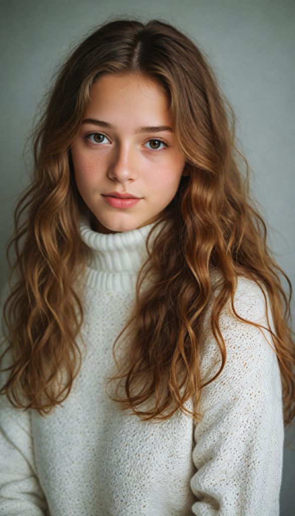 a stunning young girl, soft long wavy light brown hair, she wears a white wool sweater that support her perfect curved body, perfect portrait