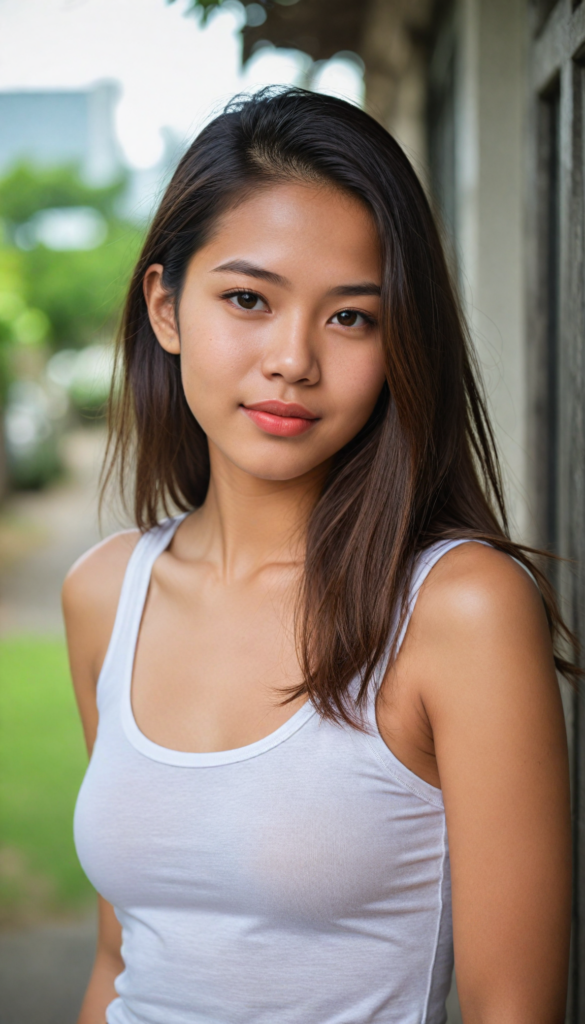 a (beautifully realistic cute Indonesian teen girl), with long, flowing, voluminous, light brown soft hair, flawless (porcelain skin), a small flawless nose, and rosy red lips, dressed in a (plain very short tight revealing translucent tank top), posing confidently, Philippines