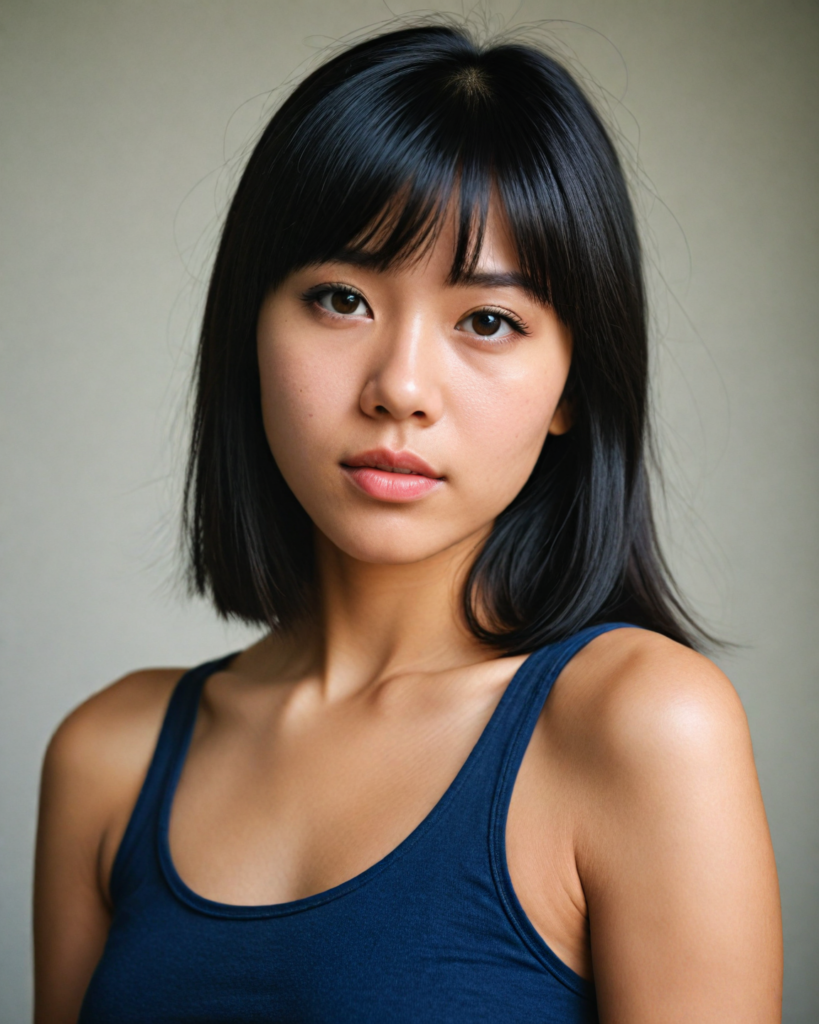 a detailed and realistic upper-body photo from a young Asian girl, with long straight very soft dark hair, bangs cut, round face, beautiful light amber eyes, full lips looks at the viewer, she wears a short cropped tank top