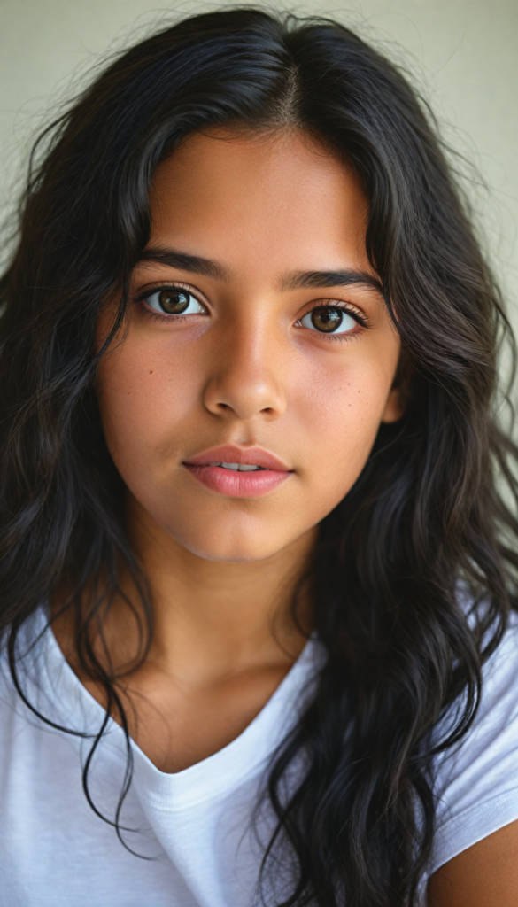 a stunning young detailed Latino girl, beautiful eyes, full lips, soft long obsidian black wavy hair, perfect portrait, white t-shirt