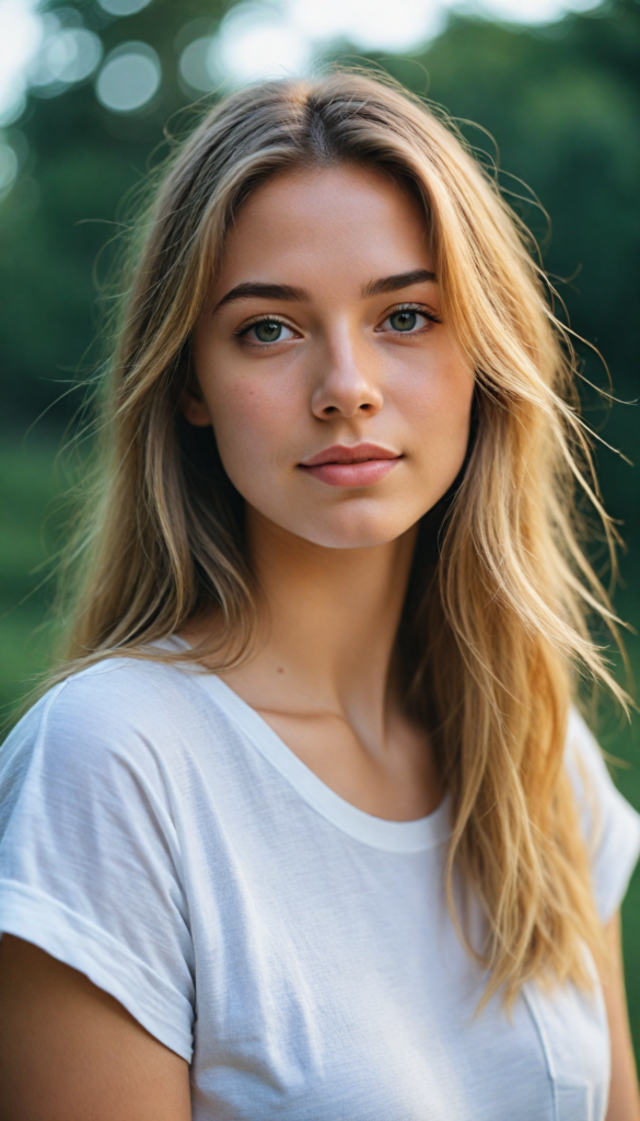 a stunning and gorgeous young girl with soft, long straight jet gold hair, captured in a perfect portrait style. She wears a simple white t-shirt that contrasts beautifully with her radiant features. The background is a dreamy, blurred landscape bathed in soft pastel colors, reminiscent of an impressionist painting. The lighting is warm and ethereal, highlighting her expressive eyes and gentle smile, evoking a sense of serenity and grace.