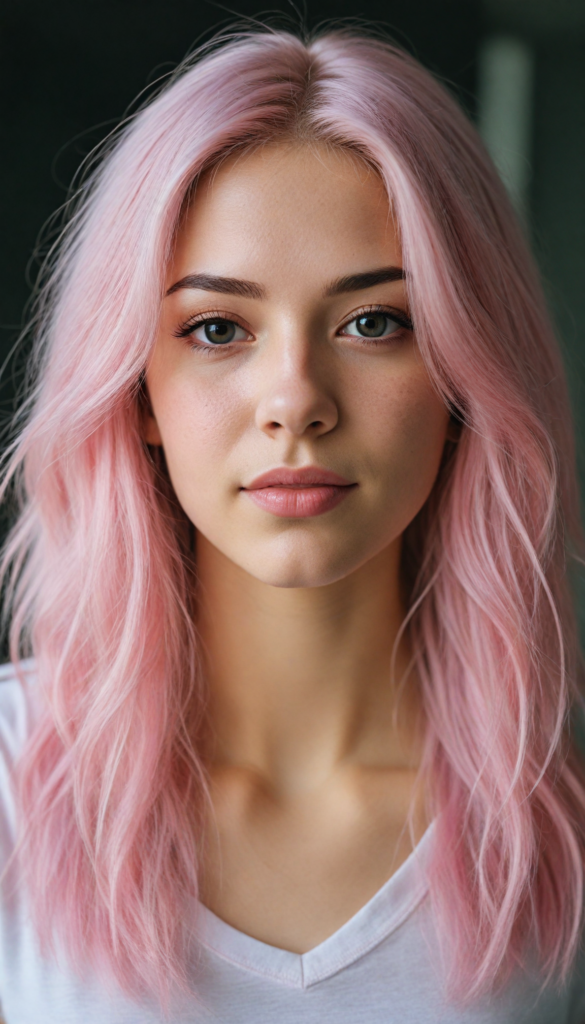 detailed and realistic close-up portrait: a (beautiful petite girl, with (long straight soft detailed light pink hair), side swept style with wispy layers) and brown eyes), looks seductively and smiles gently, who exudes a distinct (sharpness), coupled with (pale skin) and (vividly full lips) that curve into, dressed in a (light pink plain t-shirt, deep v-neck)