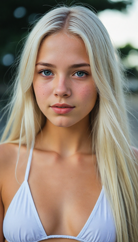 a upper-body portrait from a cute young girl with long, straight platinum hair, super detailed face, detailed eyes, full lips, white bikini