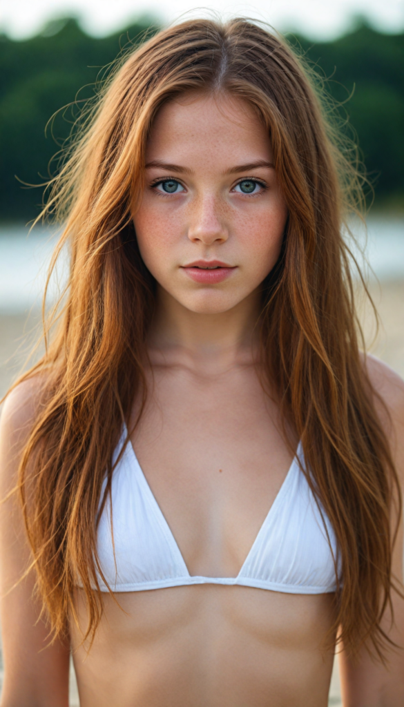 a upper-body portrait from a cute young girl with long, straight auburn hair, super detailed face, detailed eyes, full lips, white bikini