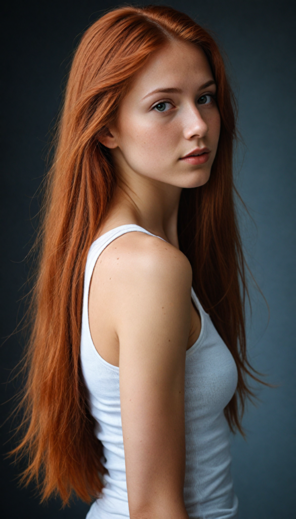 realistic and detailed portrait of a young, pretty girl with long straight jet red soft hair, black background, weak light illuminates the girl a little, side view, wears a thin cropped white tank top made of fine wool, perfect body