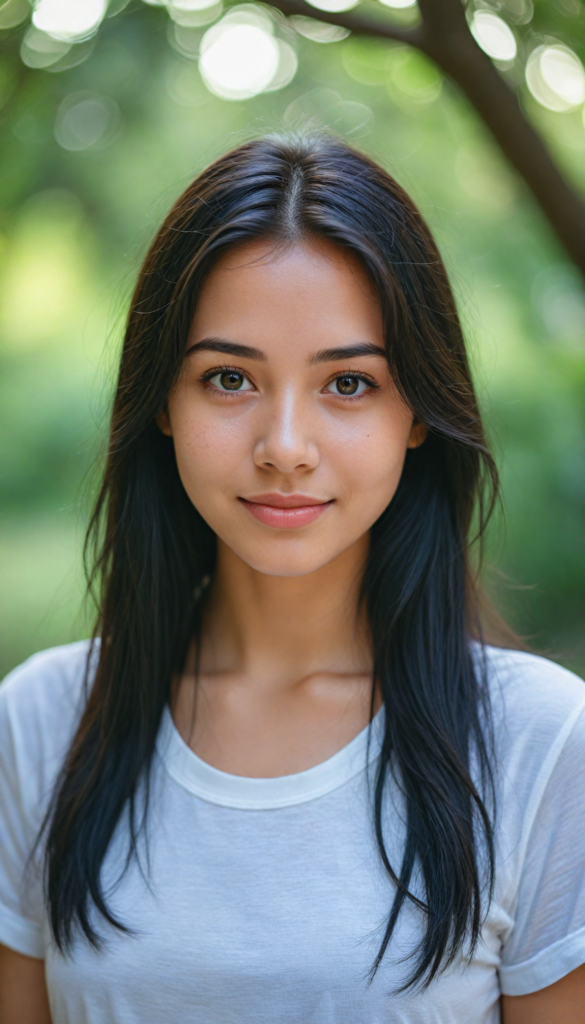 a stunning young girl with soft, long straight jet black hair, captured in a perfect portrait style. She has beautiful amber eyes, full lips and a round face. She wears a simple white t-shirt that contrasts beautifully with her radiant features. The background is a dreamy, blurred landscape bathed in soft pastel colors, reminiscent of an impressionist painting. The lighting is warm and ethereal, highlighting her expressive eyes and gentle smile, evoking a sense of serenity and grace.