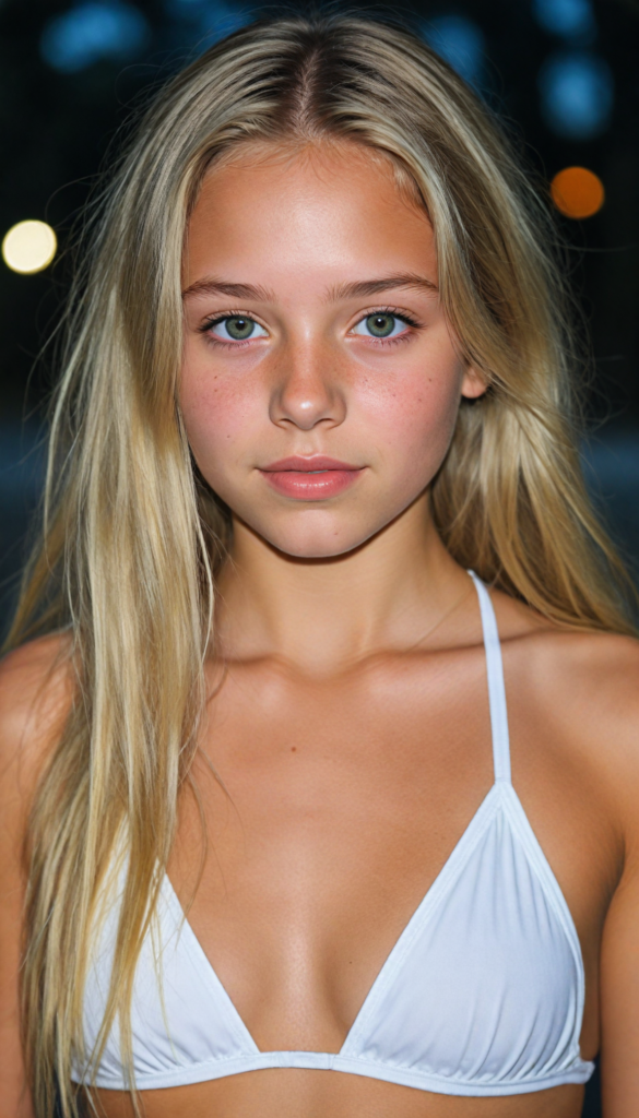 a upper-body portrait from a cute young girl with long, straight blonde hair, super detailed face, detailed eyes, full lips, white bikini