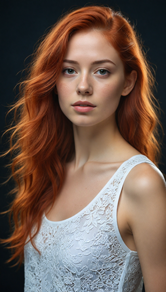 A strikingly realistic and detailed portrait of a young woman with long, flowing jet red hair that cascades softly over her shoulders, illuminated by gentle, ethereal lighting against a deep black background. Captured in a dynamic side view, she wears a delicate, cropped white tank top crafted from luxurious filigree wool, subtly accentuating her graceful form. The low light casts soft shadows that enhance her features, while whimsical elements like shimmering sparks or floating petals weave through the composition, adding an enchanting atmosphere to this serene yet captivating moment.