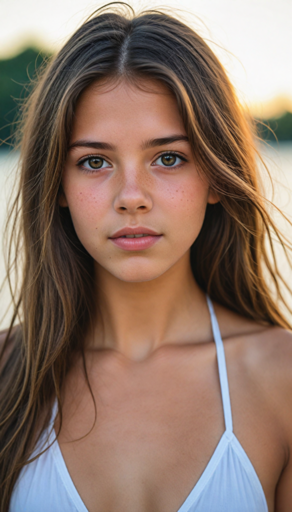 a upper-body portrait from a cute young girl with long, straight brown hair, super detailed face, detailed eyes, full lips, white bikini