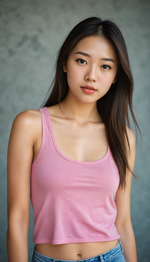 a (beautifully realistic cute Chinese teen girl), with long, flowing, voluminous, light brown soft hair, flawless (porcelain skin), a small flawless nose, and rosy red lips, dressed in a (plain very short tight revealing translucent tank top), posing confidently, Mongolian