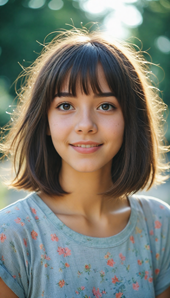 a whimsically illustrated adorable teenage girl with a playfully exaggeratedly curved silhouette, radiating youthful charm, sporting a stylish bob cut with playful tousled strands; her expressive eyes sparkle with mischief, captured in a dreamy, soft-focus style reminiscent of watercolor art, harmonizing with a magical, fairytale-like atmosphere.