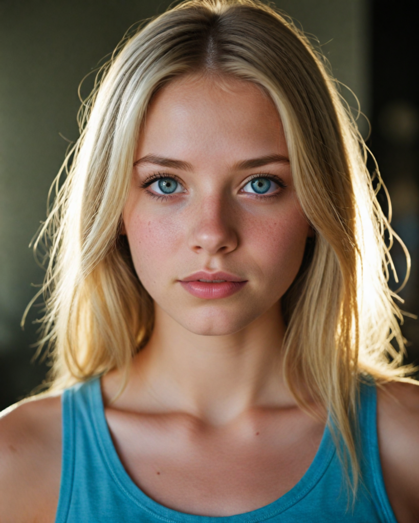 a detailed and realistic upper-body photo from a young girl, with long straight very soft light blond hair, round face, beautiful light blue eyes, full lips looks at the viewer, she wears a short cropped tank top