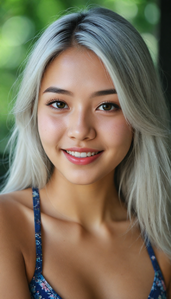 an Asia teen girl, (realistic detailed, shiny, straight platinum hair), realistic face, perfect curved body, lightly dressed in a bikini, beautiful saturation, ultra high resolution, deep shadow, (best quality, masterpiece), highly detailed, looking at viewer, warm smile, 4k, (portrait shot) (gorgeous) (attractive) (stunning)