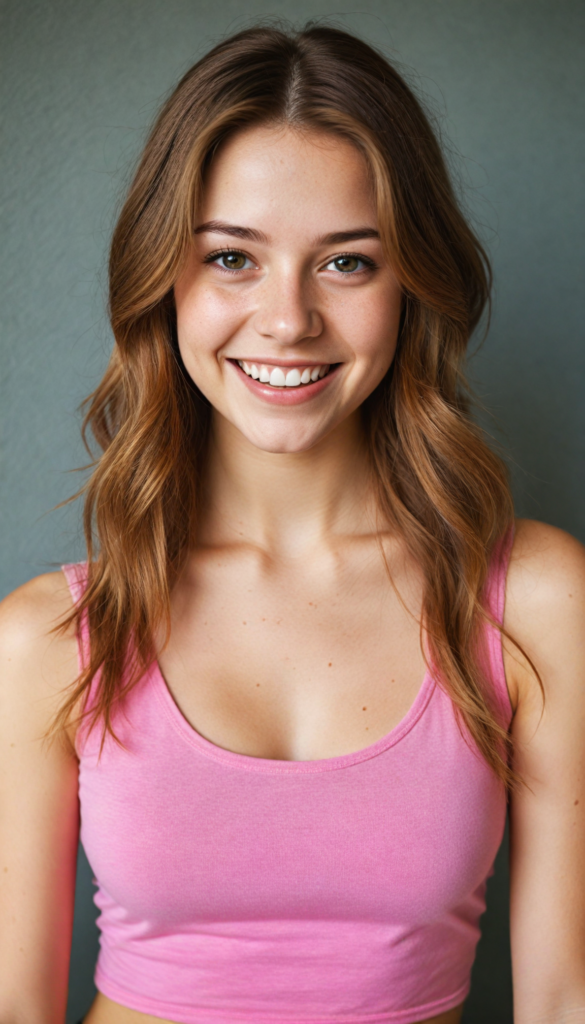 a (teen girl) with a joyful and sunny smile, wearing a sleek and fitted short crop pink tank top that showcases her perfect, curves, captured in a (flawless portrait), with long, flowing, straight hazelnut hair cascading down