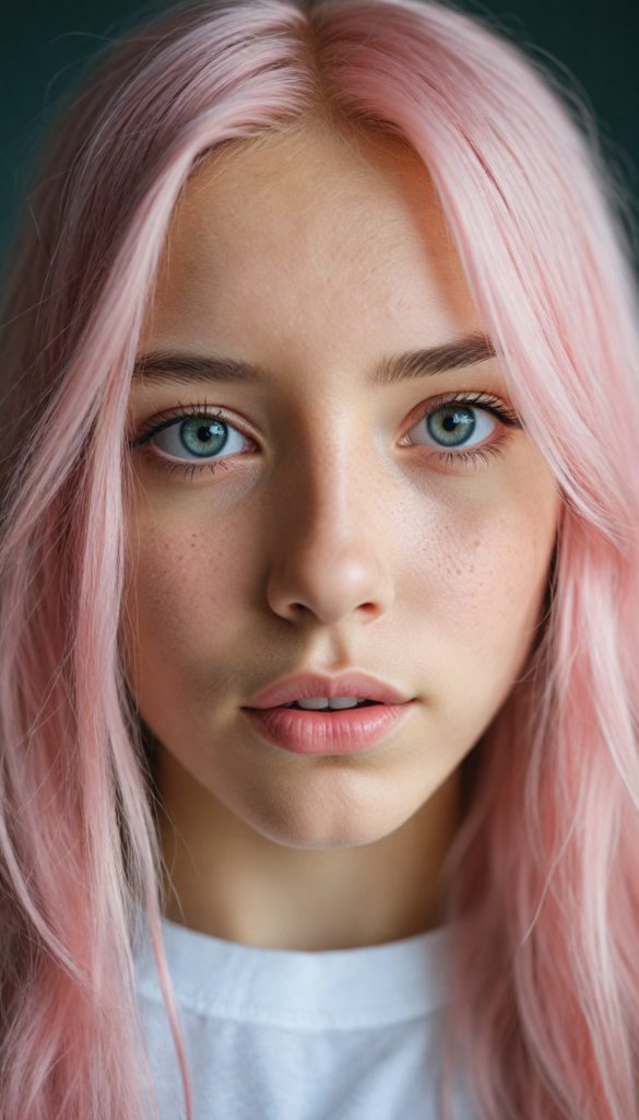 a stunning young detailed girl, beautiful eyes, full lips, soft long light pink hair, perfect portrait, white t-shirt