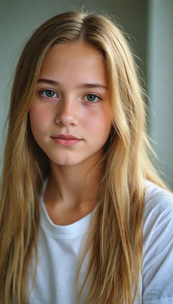 a stunning young girl, soft long gold hair, perfect portrait, white t-shirt