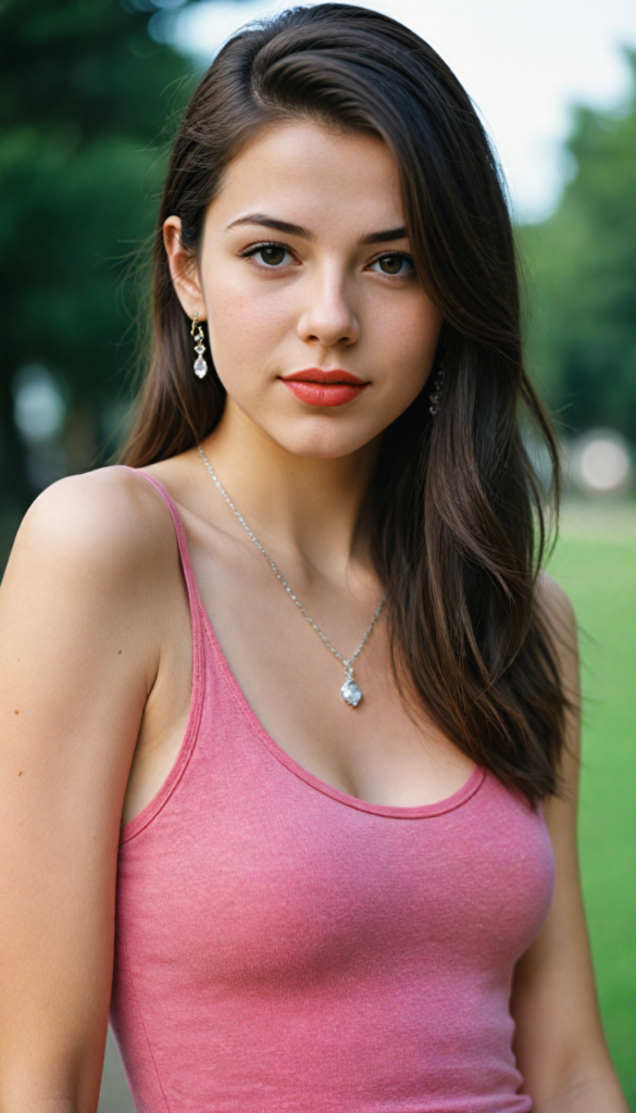 a (beautifully realistic cute model teen girl), with long, flowing, voluminous, dark brown hair featuring (straight hair), flawless (porcelain skin), a small flawless nose, and rosy red lips, dressed in a (plain very short tight revealing translucent tank top and miniskirt), complemented by a sparkling necklace and matching earrings, posing confidently