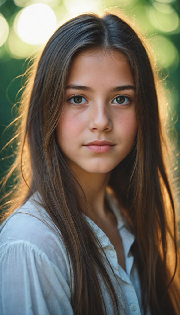 a stunning young girl, soft long brown hair, perfect portrait