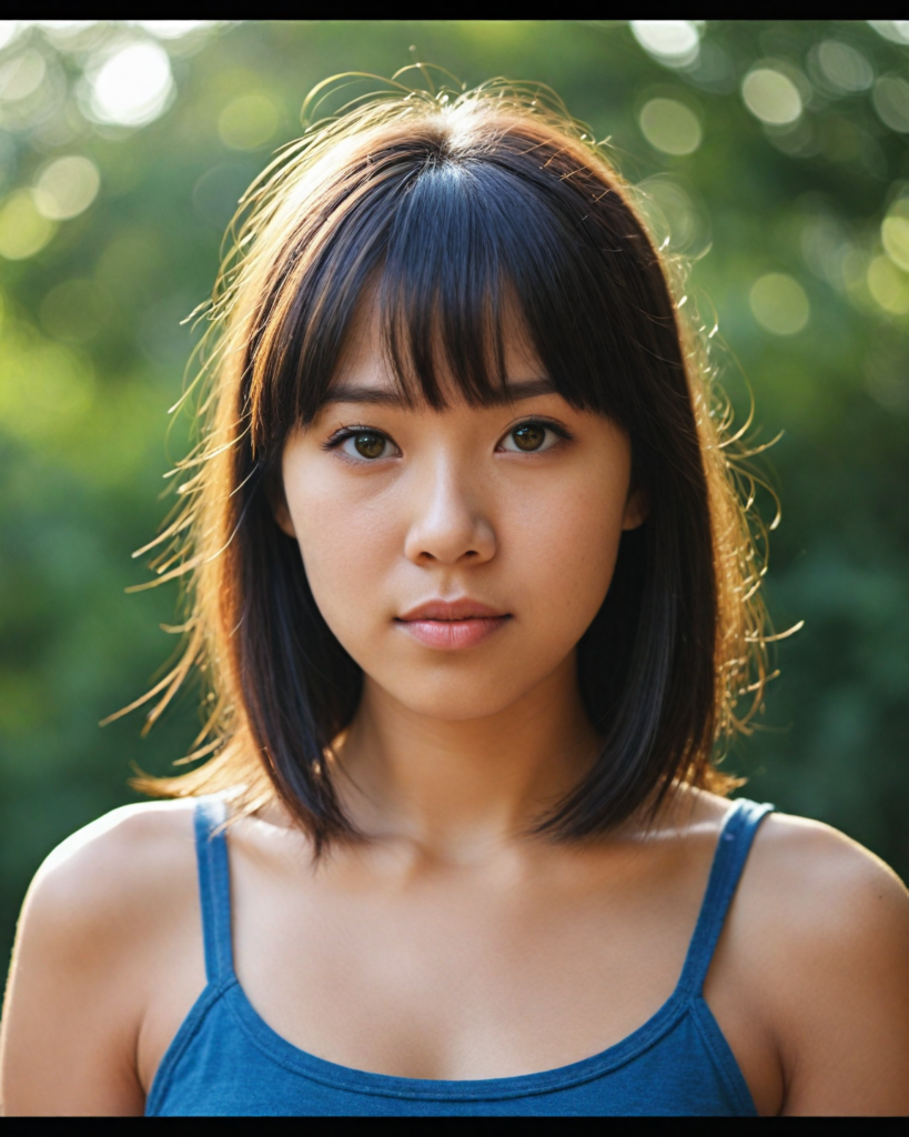 a detailed and realistic upper-body photo from a young Asian girl, with long straight very soft dark hair, bangs cut, round face, beautiful light amber eyes, full lips looks at the viewer, she wears a short cropped tank top