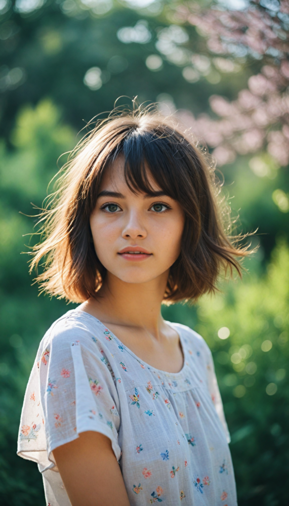 a whimsically illustrated adorable teenage girl with a playfully exaggeratedly curved silhouette, radiating youthful charm, sporting a stylish bob cut with playful tousled strands; her expressive eyes sparkle with mischief, captured in a dreamy, soft-focus style reminiscent of watercolor art, harmonizing with a magical, fairytale-like atmosphere.