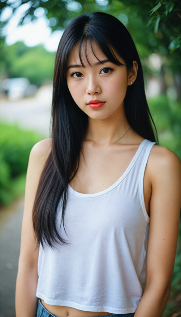 a (beautifully realistic cute Japanese teen girl, she looks seductive), with long, flowing, voluminous, obsidian black soft hair, flawless (porcelain skin), a small flawless nose, and rosy red lips, amber eyes, dressed in a (plain very short tight revealing translucent tank top), posing confidently, Korean