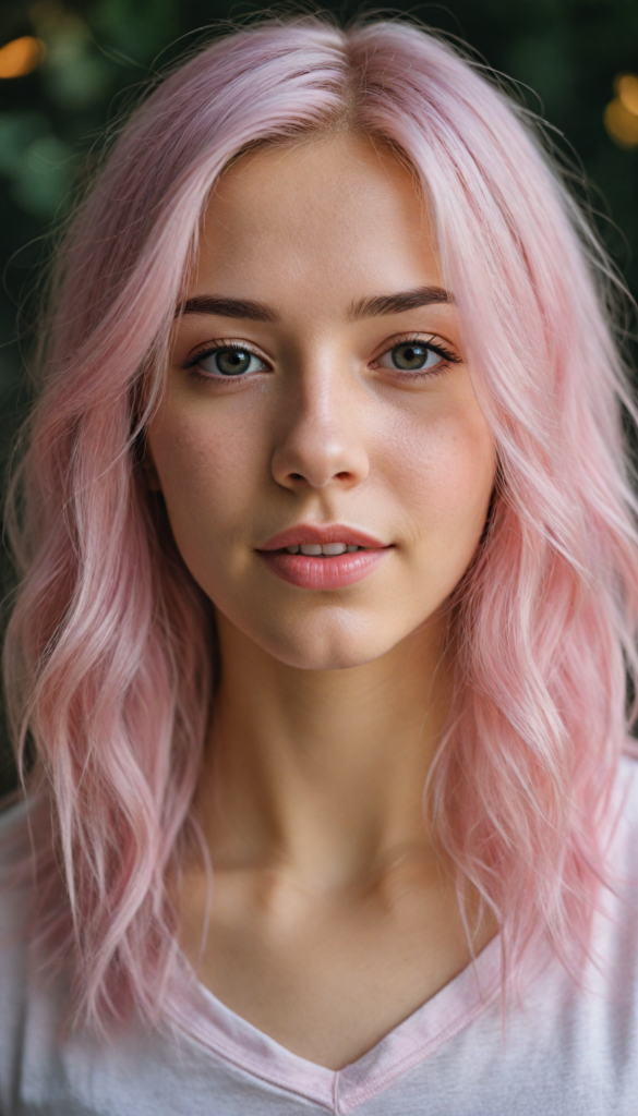 detailed and realistic close-up portrait: a (beautiful petite girl, with (long straight soft detailed light pink hair), side swept style with wispy layers) and brown eyes), looks seductively and smiles gently, who exudes a distinct (sharpness), coupled with (pale skin) and (vividly full lips) that curve into, dressed in a (light pink plain t-shirt, deep v-neck)