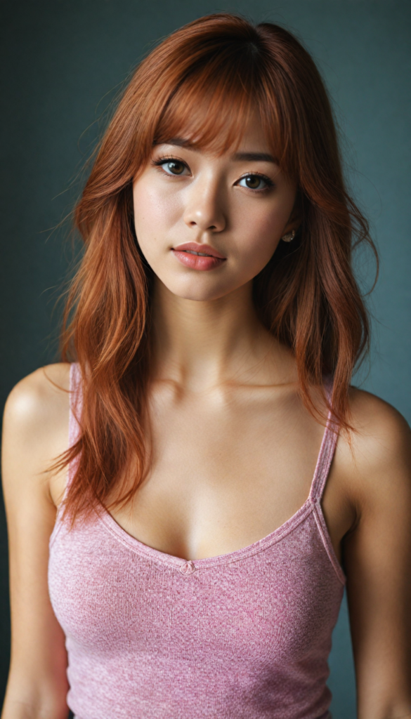 a (very beautiful Asian teenage girl), with long, flowing, voluminous (detailed soft red amber hair), styled in a sleek, shiny, straight bangs haircut with sharp, defined (full red lips), emitting an ethereal glow that complements her otherwise natural features, dressed in a (pink short thin plain and cropped tank top made of fine wool, deep v-neck), perfect curved fit body, round realistic face, round shiny amber eyes