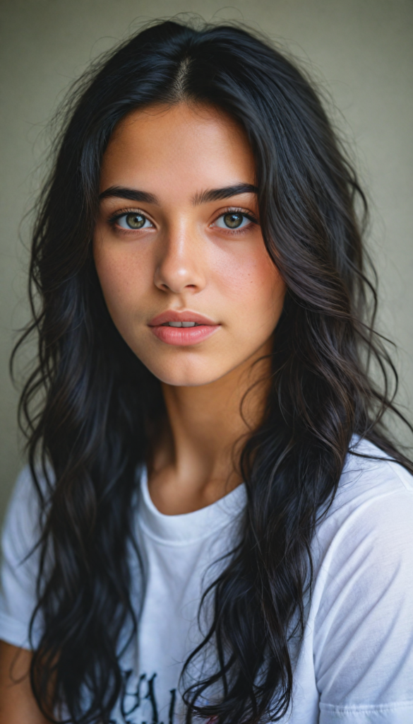 a stunning young detailed girl, beautiful eyes, full lips, soft long obsidian black wavy hair, perfect portrait, white t-shirt