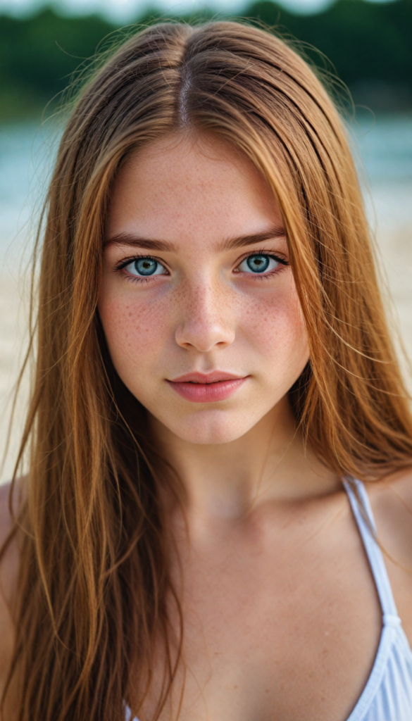 a upper-body portrait from a cute young girl with long, straight auburn hair, super detailed face, detailed eyes, full lips, white bikini