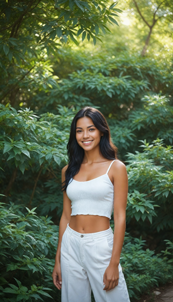 a radiant tanned young girl with an infectious, beaming smile, wearing a stylishly fitted white crop top that elegantly highlights her graceful curves, posed in a dreamy soft-focus portrait that captures a sense of whimsy, her long, sleek black hair cascading like a waterfall, surrounded by a gentle, ethereal glow of sunlight filtered through delicate leaves, evoking a serene summer afternoon in an enchanted garden, reminiscent of a contemporary oil painting by Claude Monet with a modern twist