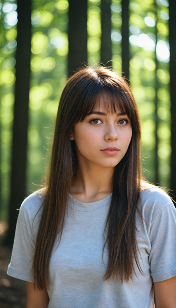 high detailed and realistic upper body portrait from a breathtakingly beautiful natural (18-year-old girl) with warm amber eyes and luxuriously thick (light brown detailed long smooth straight hair, bangs), full lips, (wears a light brown form-fitting plain t-shirt that support her perfect body, stands in an autumnal forest)