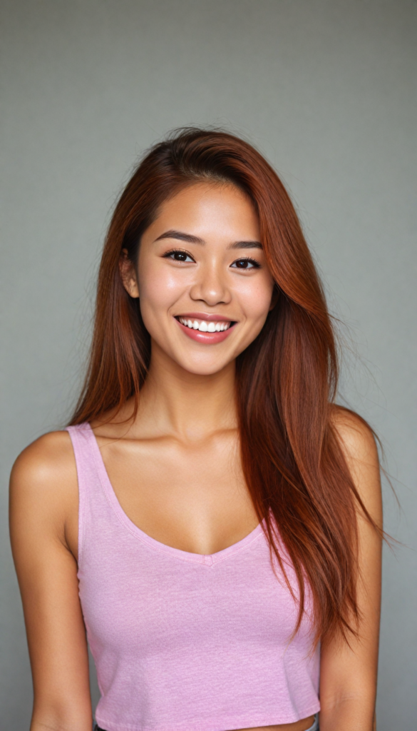 a (very beautiful Pinay teenage girl), with long, flowing, voluminous (detailed soft red amber hair), styled in a sleek, shiny, straight haircut with sharp, defined (full lips), emitting an ethereal glow that complements her otherwise natural features, dressed in a (pink short thin plain and cropped tank top made of fine wool, deep v-neck), perfect curved fit body, she radiates pure joy, smile, perfect white teeth, round realistic face, round shiny amber eyes, full kissable lips, Philippines