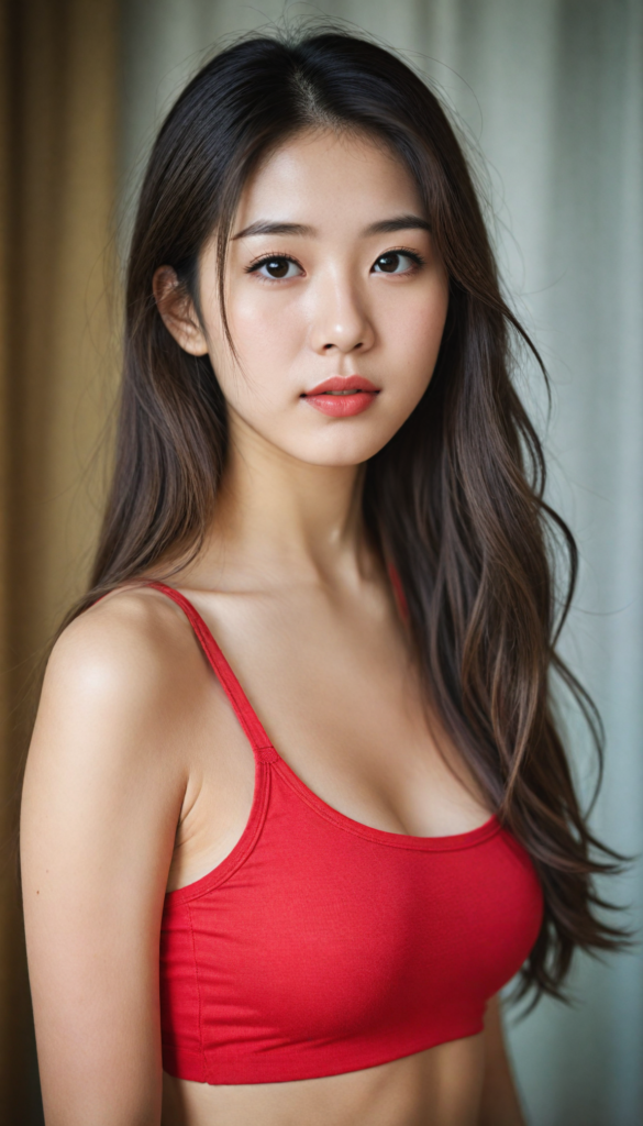 a (beautifully realistic cute Japanese teen girl, she looks seductive), with long, flowing, voluminous, light brown soft hair, flawless (porcelain skin), a small flawless nose, and rosy red lips, dressed in a (plain very short tight revealing translucent tank top), posing confidently, Korean