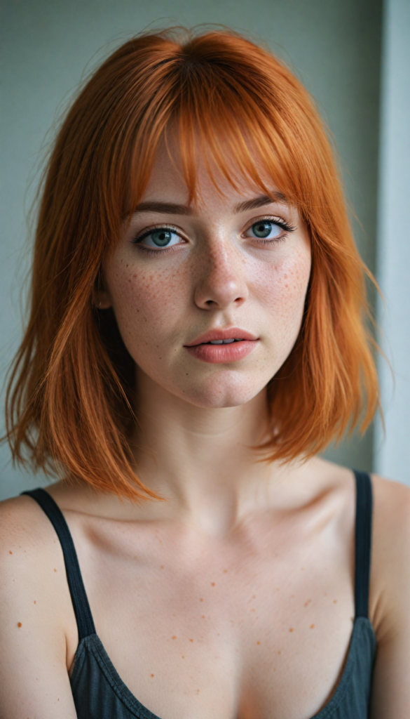 a (softly beautiful young busty girl), with skin that radiates a natural glow, freckles, and imperfections, followed by delicate (full lips), set against a backdrop of a (short, bangs-cut, straight soft long orange hair) and (an imperfect, yet radiant complexion), all framed by a (black, simple outfit) that complements her youthful innocence, against a (white, pure, simple background)