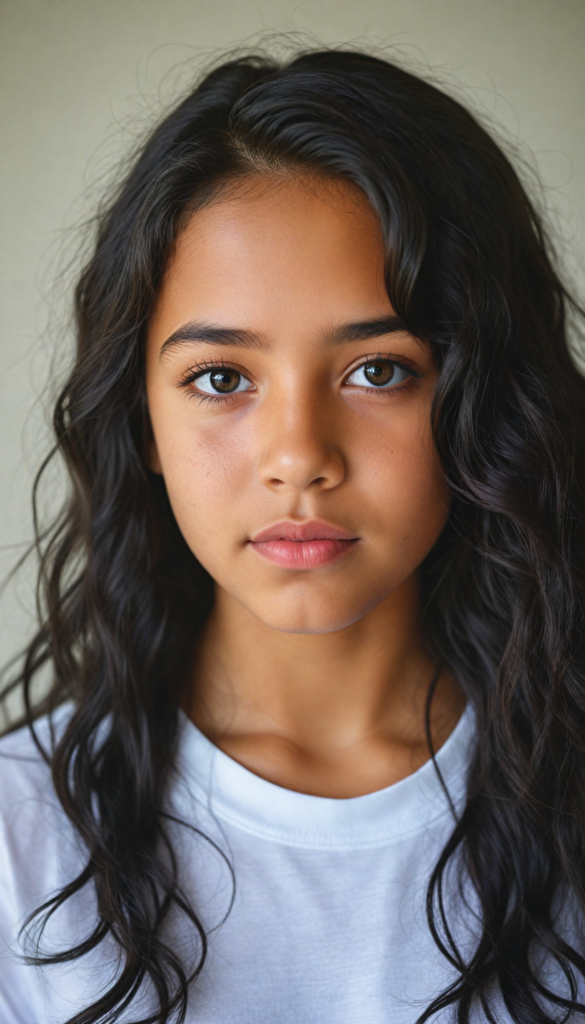 a stunning young detailed Latino girl, beautiful eyes, full lips, soft long obsidian black wavy hair, perfect portrait, white t-shirt