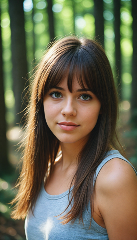 high detailed and realistic (upper body portrait) from a breathtakingly beautiful natural (girl) her cheerful nature makes you happy, with warm amber eyes and luxuriously thick (light brown detailed long smooth straight hair, bangs), full detailed natural lips, (wears a light brown form-fitting plain tank top that support her perfect body, stands in an autumnal forest)