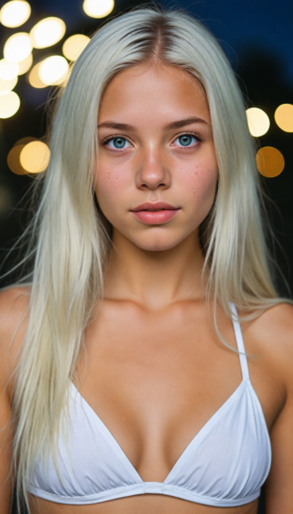 a upper-body portrait from a cute young girl with long, straight platinum hair, super detailed face, detailed eyes, full lips, white bikini