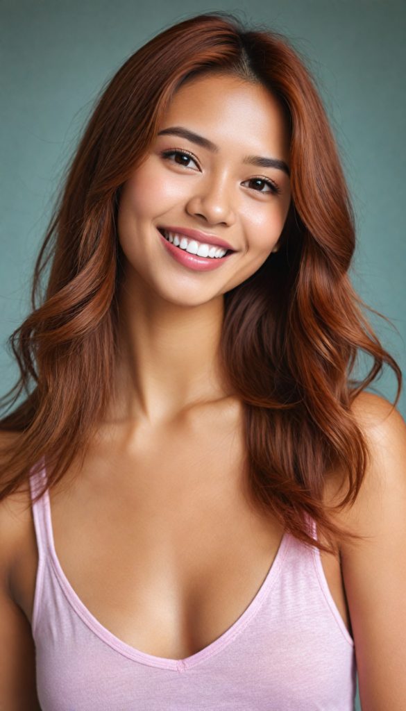 a (very beautiful Pinay teenage girl), with long, flowing, voluminous (detailed soft red amber hair), styled in a sleek, shiny, straight haircut with sharp, defined (full lips), emitting an ethereal glow that complements her otherwise natural features, dressed in a (pink short thin plain and cropped tank top made of fine wool, deep v-neck), perfect curved fit body, she radiates pure joy, smile, perfect white teeth, round realistic face, round shiny amber eyes, full kissable lips, Philippines