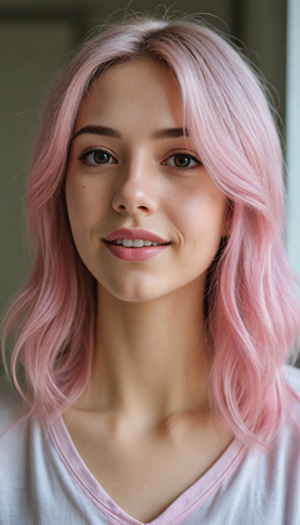 detailed and realistic close-up portrait: a (beautiful petite girl, with (long straight soft detailed light pink hair), side swept style with wispy layers) and brown eyes), looks seductively and smiles gently, who exudes a distinct (sharpness), coupled with (pale skin) and (vividly full lips) that curve into, dressed in a (light pink plain t-shirt, deep v-neck)