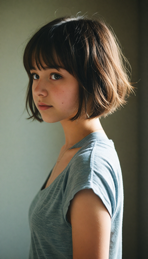 a (vividly drawn cute teen girl) with a (perfectly curved silhouette) and illustrative details that convey youthful cuteness, bob cut, shoulder-length hair