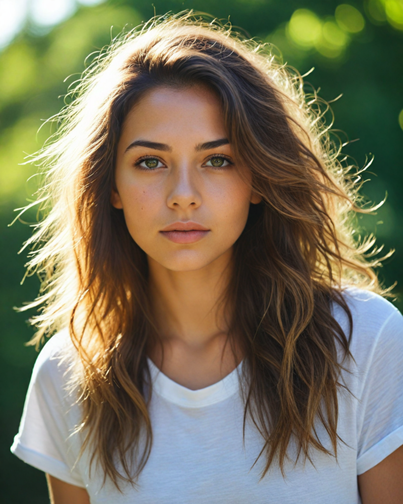 a breathtaking scene featuring a gorgeous and stunning girl with cascading hair, long white t-shirt, sunny green backdrop, detailed face, hair and eyes