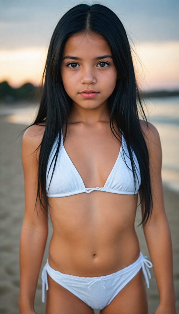 a upper-body portrait from a cute young girl with long, straight black hair, super detailed face, detailed eyes, full lips, white bikini