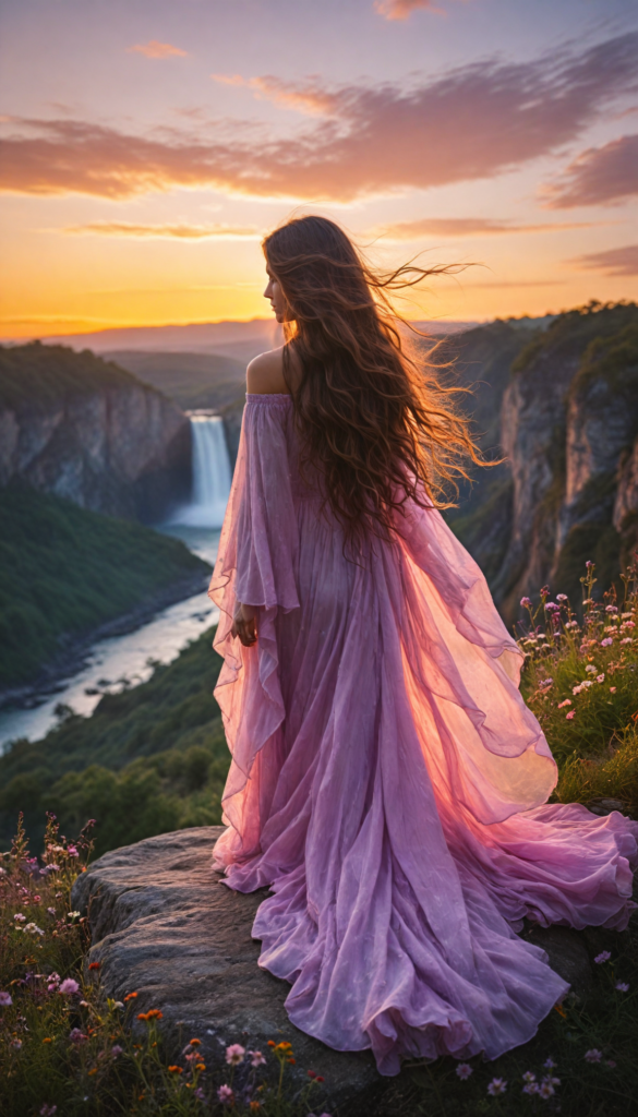 a breathtaking scene featuring a gorgeous girl with cascading, flowing hair that glistens in the sunlight. She stands on the edge of a cliff overlooking a vibrant sunset, with hues of orange, pink, and purple blending in the sky. The wind gently tousles her hair, creating an ethereal aura around her. Surrounding her are wildflowers in full bloom, adding pops of color to the landscape, and a distant waterfall cascading down rocks, reflecting the evening light. The art style combines elements of Romanticism with a touch of Impressionism, capturing both the beauty of nature and the serene elegance of the girl.