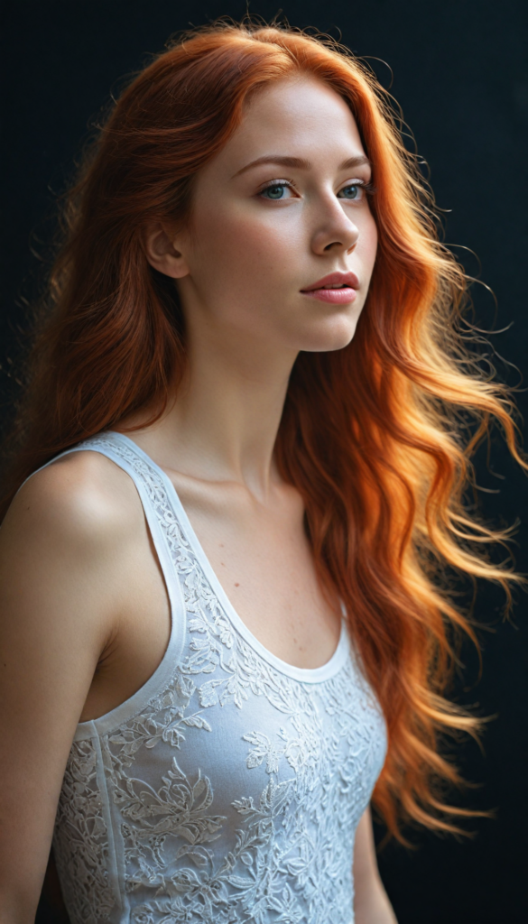 A strikingly realistic and detailed portrait of a young woman with long, flowing jet red hair that cascades softly over her shoulders, illuminated by gentle, ethereal lighting against a deep black background. Captured in a dynamic side view, she wears a delicate, cropped white tank top crafted from luxurious filigree wool, subtly accentuating her graceful form. The low light casts soft shadows that enhance her features, while whimsical elements like shimmering sparks or floating petals weave through the composition, adding an enchanting atmosphere to this serene yet captivating moment.